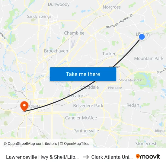 Lawrenceville Hwy & Shell/Lilburn Animal to Clark Atlanta University map