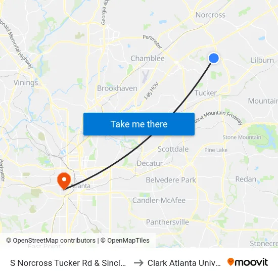 S Norcross Tucker Rd & Sinclair Apts to Clark Atlanta University map