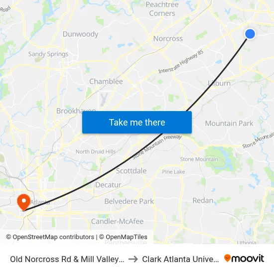 Old Norcross Rd & Mill Valley Apts to Clark Atlanta University map