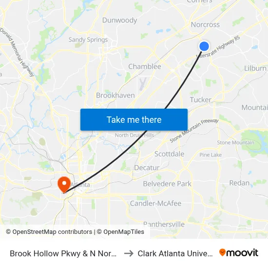Brook Hollow Pkwy & N Norcross to Clark Atlanta University map