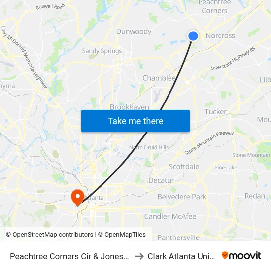 Peachtree Corners Cir & Jones Mill Spur to Clark Atlanta University map