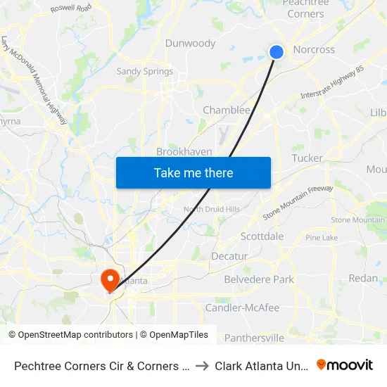 Pechtree Corners Cir & Corners @ 1700 Ap to Clark Atlanta University map