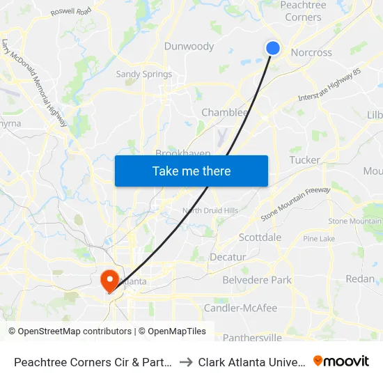 Peachtree Corners Cir & Parton Ct to Clark Atlanta University map