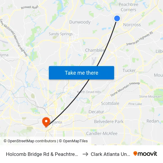 Holcomb Bridge Rd & Peachtree Corners Ci to Clark Atlanta University map