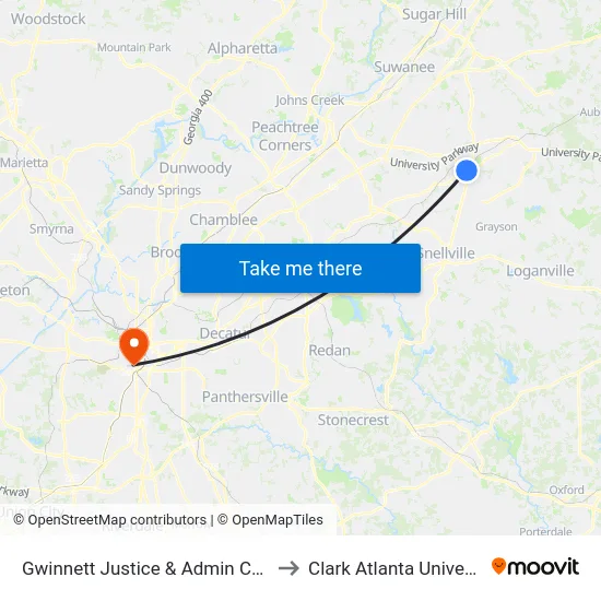 Gwinnett Justice & Admin Center to Clark Atlanta University map