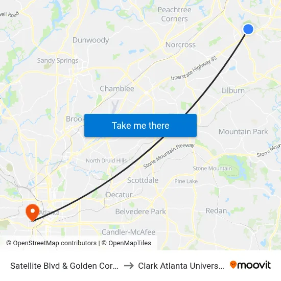 Satellite Blvd & Golden Corral to Clark Atlanta University map
