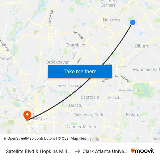 Satellite Blvd & Hopkins Mill Rd Ib to Clark Atlanta University map