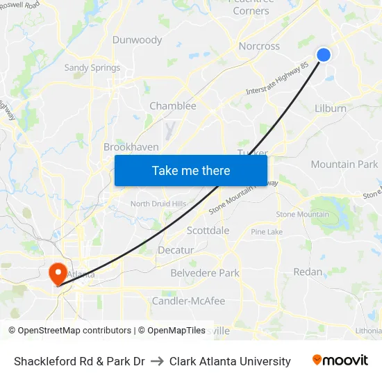Shackleford Rd & Park Dr to Clark Atlanta University map