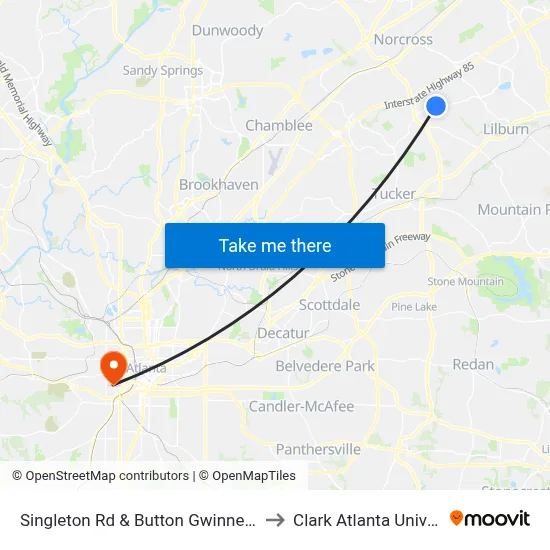 Singleton Rd & Button Gwinnett Pl Ob to Clark Atlanta University map