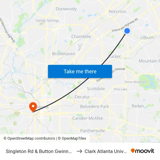 Singleton Rd & Button Gwinnett Pl Ib to Clark Atlanta University map