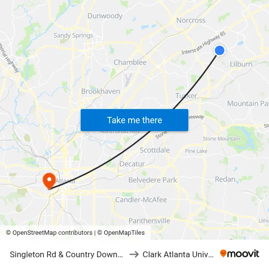Singleton Rd & Country Downs Dr Ob to Clark Atlanta University map