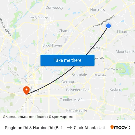 Singleton Rd & Harbins Rd (Before Light) to Clark Atlanta University map