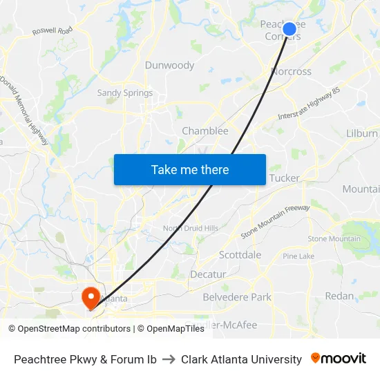 Peachtree Pkwy & Forum Ib to Clark Atlanta University map