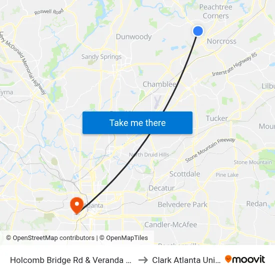 Holcomb Bridge Rd & Veranda Knolls Apts to Clark Atlanta University map