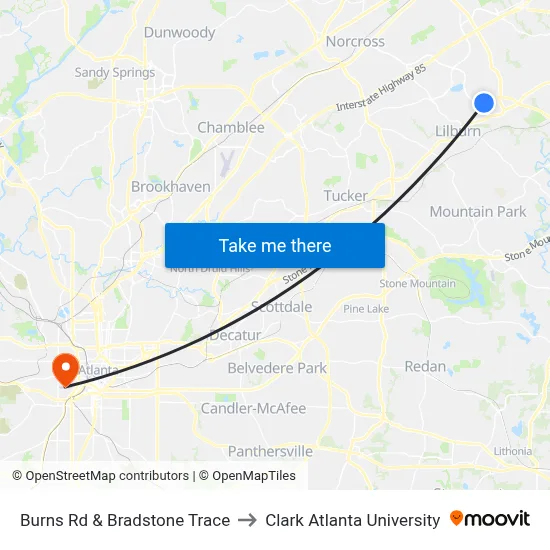 Burns Rd & Bradstone Trace to Clark Atlanta University map