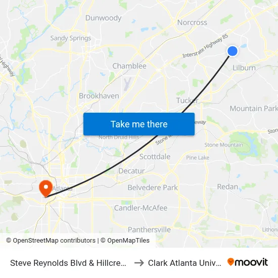 Steve Reynolds Blvd & Hillcrest Ct Ob to Clark Atlanta University map