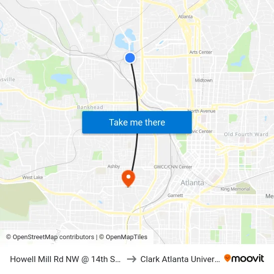 Howell Mill Rd NW @ 14th St NW to Clark Atlanta University map