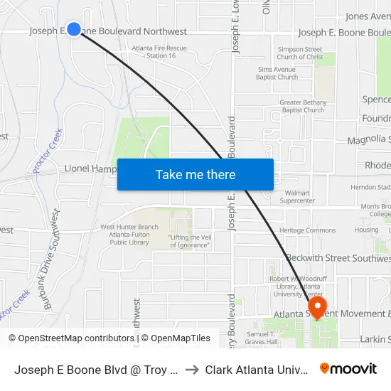 Joseph E Boone Blvd @ Troy St NW to Clark Atlanta University map