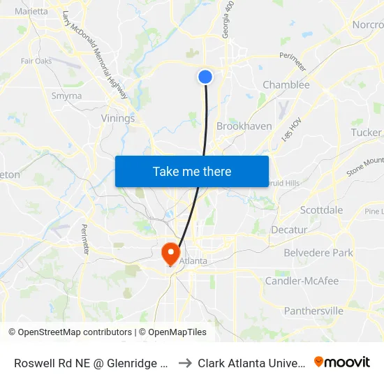 Roswell Rd NE @ Glenridge Dr NE to Clark Atlanta University map