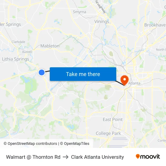 Walmart @ Thornton Rd to Clark Atlanta University map