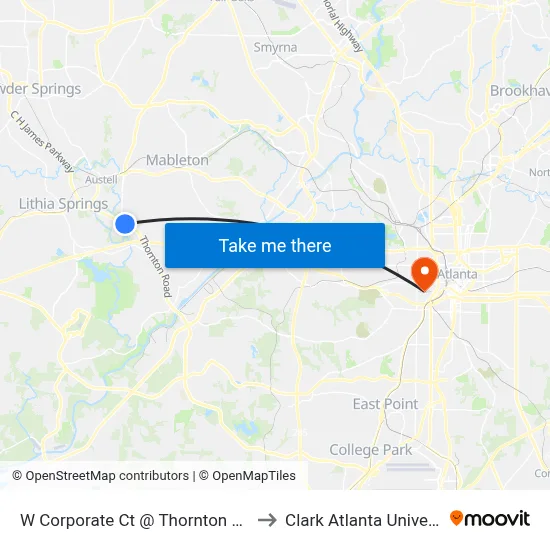 W Corporate Ct @ Thornton Rd Ob to Clark Atlanta University map