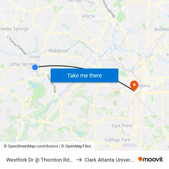 Westfork Dr @ Thornton Rd Ob to Clark Atlanta University map