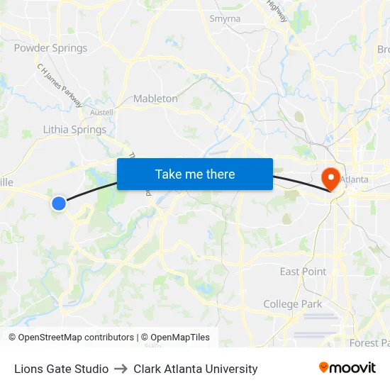 Lions Gate Studio to Clark Atlanta University map