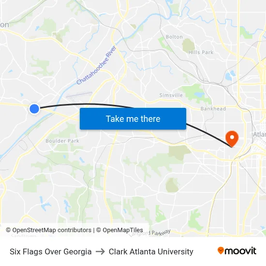 Six Flags Over Georgia to Clark Atlanta University map