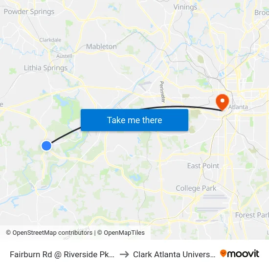 Fairburn Rd @ Riverside Pkwy to Clark Atlanta University map