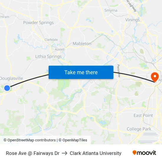 Rose Ave @ Fairways Dr to Clark Atlanta University map