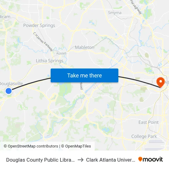 Douglas County Public Library Ib to Clark Atlanta University map
