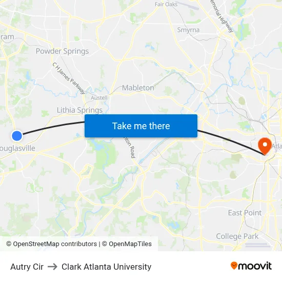 Autry Cir to Clark Atlanta University map