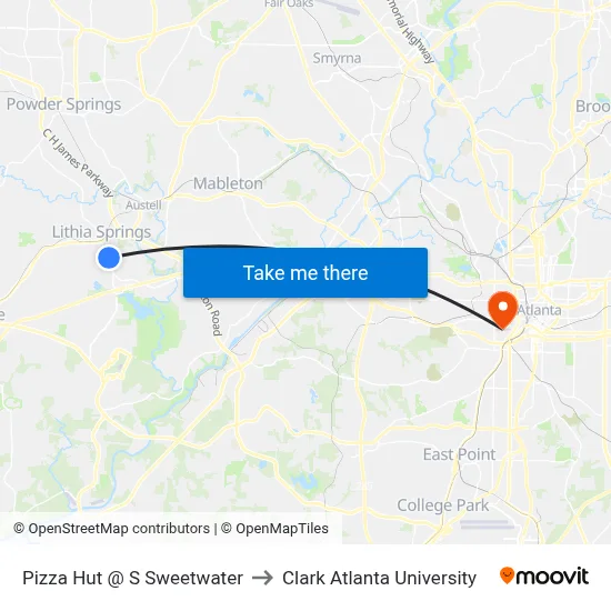 Pizza Hut @ S Sweetwater to Clark Atlanta University map