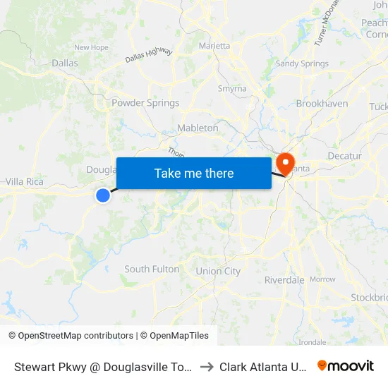 Stewart Pkwy @ Douglasville Town Center Ob to Clark Atlanta University map