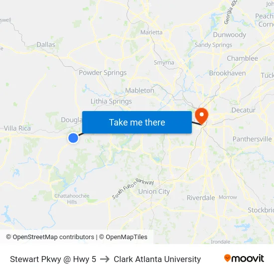 Stewart Pkwy @ Hwy 5 to Clark Atlanta University map