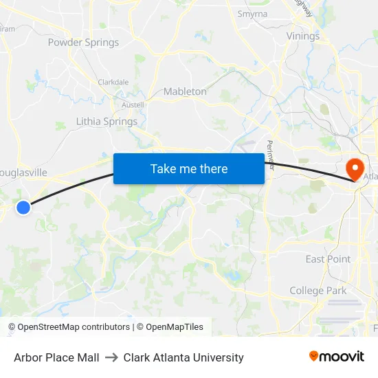 Arbor Place Mall to Clark Atlanta University map