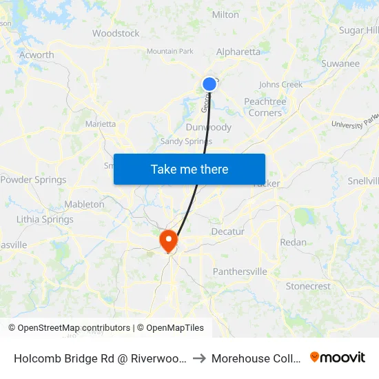 Holcomb Bridge Rd @ Riverwood Ln to Morehouse College map