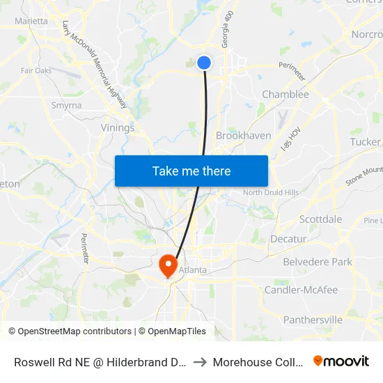 Roswell Rd NE @ Hilderbrand Dr NE to Morehouse College map