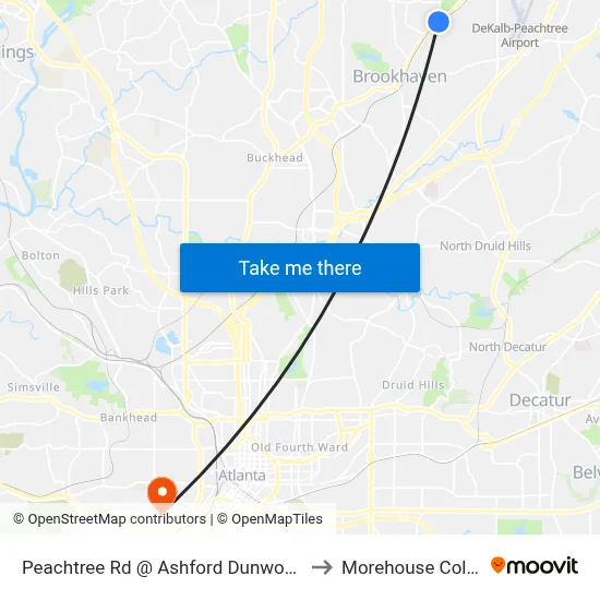 Peachtree Rd @ Ashford Dunwoody Rd to Morehouse College map