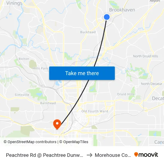 Peachtree Rd @ Peachtree Dunwoody Rd to Morehouse College map