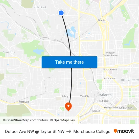 Defoor Ave NW @ Taylor St NW to Morehouse College map