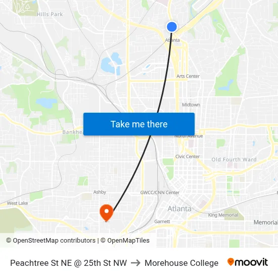 Peachtree St NE @ 25th St NW to Morehouse College map