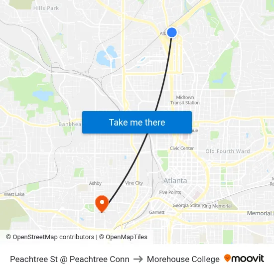 Peachtree St @ Peachtree Conn to Morehouse College map