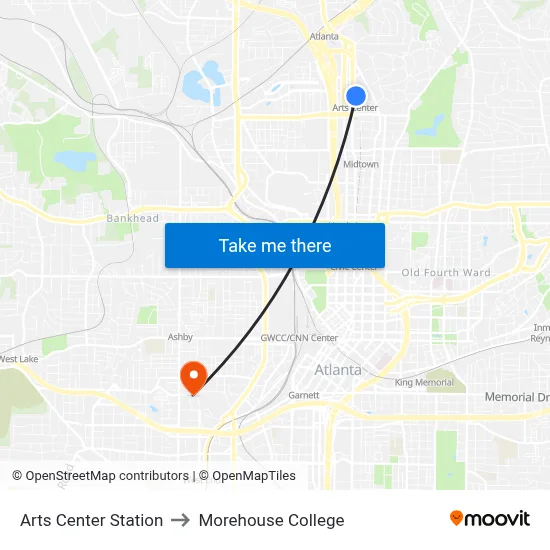 Arts Center Station to Morehouse College map