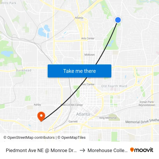 Piedmont Ave NE @ Monroe Dr NE to Morehouse College map