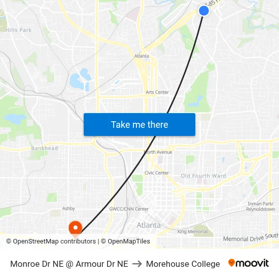 Monroe Dr NE @ Armour Dr NE to Morehouse College map