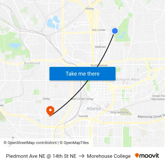 Piedmont Ave NE @ 14th St NE to Morehouse College map
