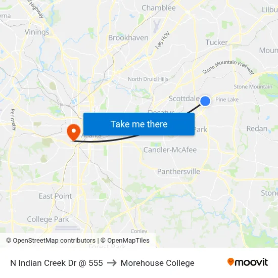 N Indian Creek Dr @ 555 to Morehouse College map