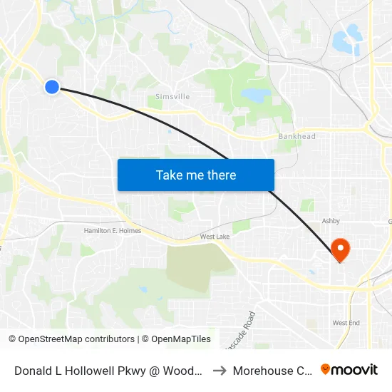 Donald L Hollowell Pkwy @ Woodmere Dr NW to Morehouse College map