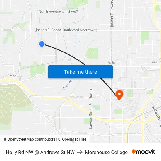 Holly Rd NW @ Andrews St NW to Morehouse College map